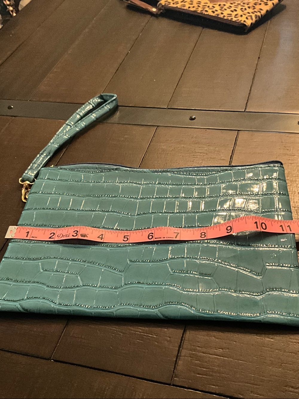Glossy Croc-Embossed Wristlet Clutch - Teal Blue - Picture 4 of 5